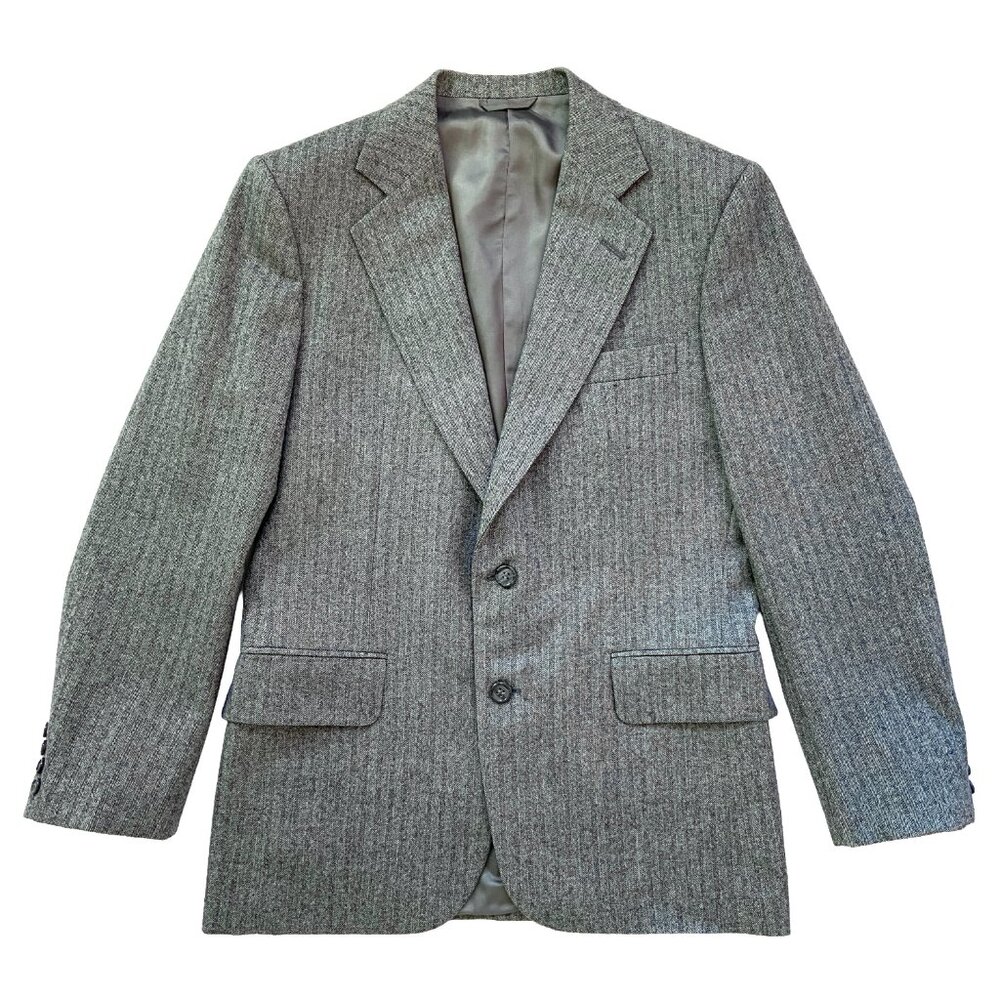 VINTAGE GREY HERRINGBONE WOOL MENS BLAZER SPORTS COAT OVERSIZED SIZE 38
